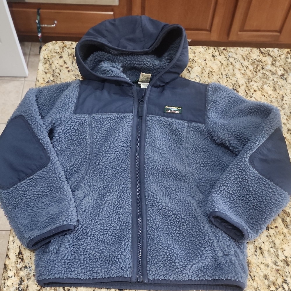 L.L. Bean Sz 8 Kids Sherpa Navy Blue Fleece Hooded Jacket